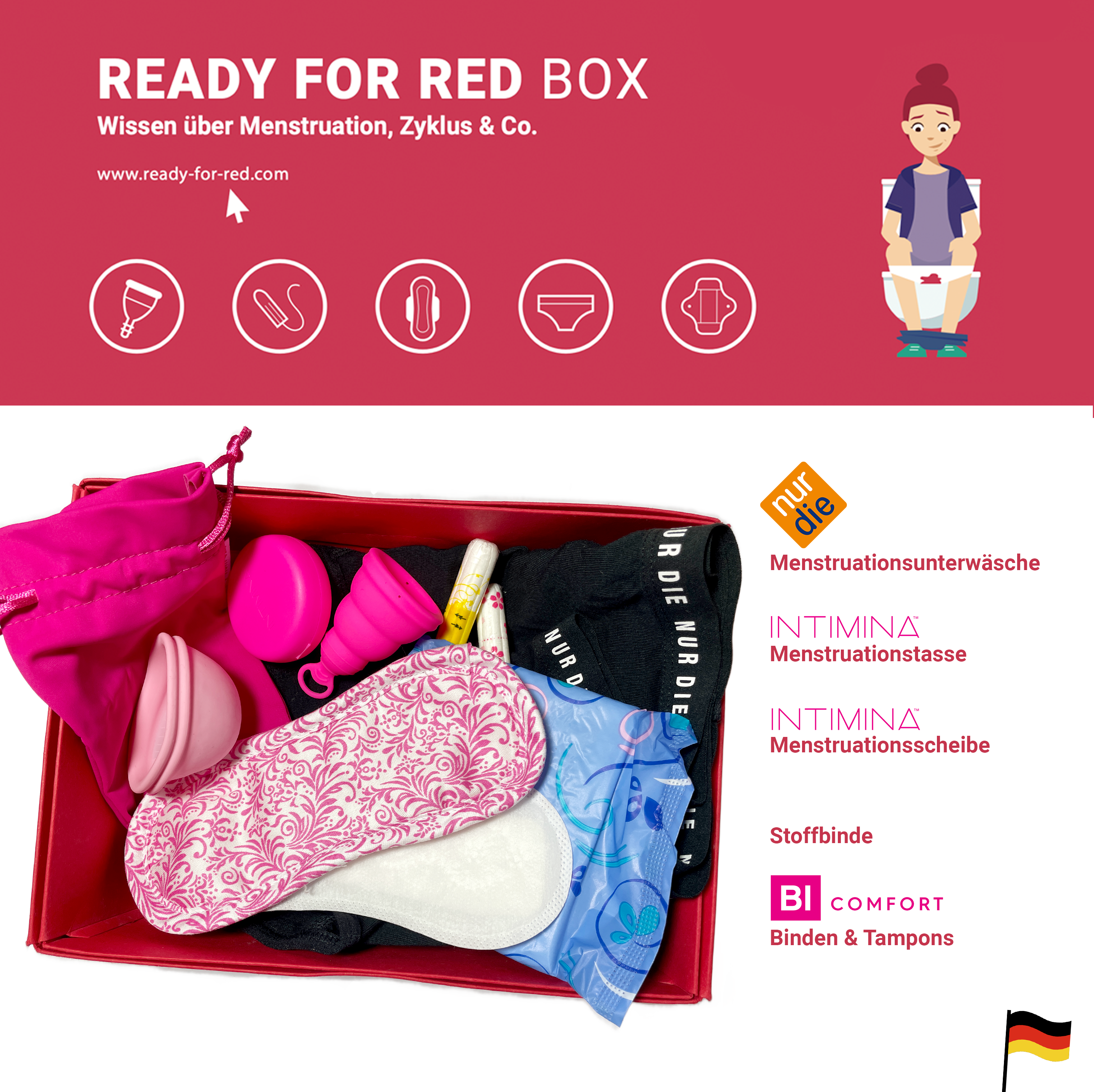 Ein Foto der READY FOR RED Box in der ein Periodenslip von nur die, eine Stoffbinde, eine Menstruationstasse von Intimina, eine Menstruationsscheibe von Intimina, sowie Binden und Tampons von bi comfort enthalten sind. Daneben stehen die Logos der Sponsor*innen. Unten eine deutsche Flagge für die deutsche Box.